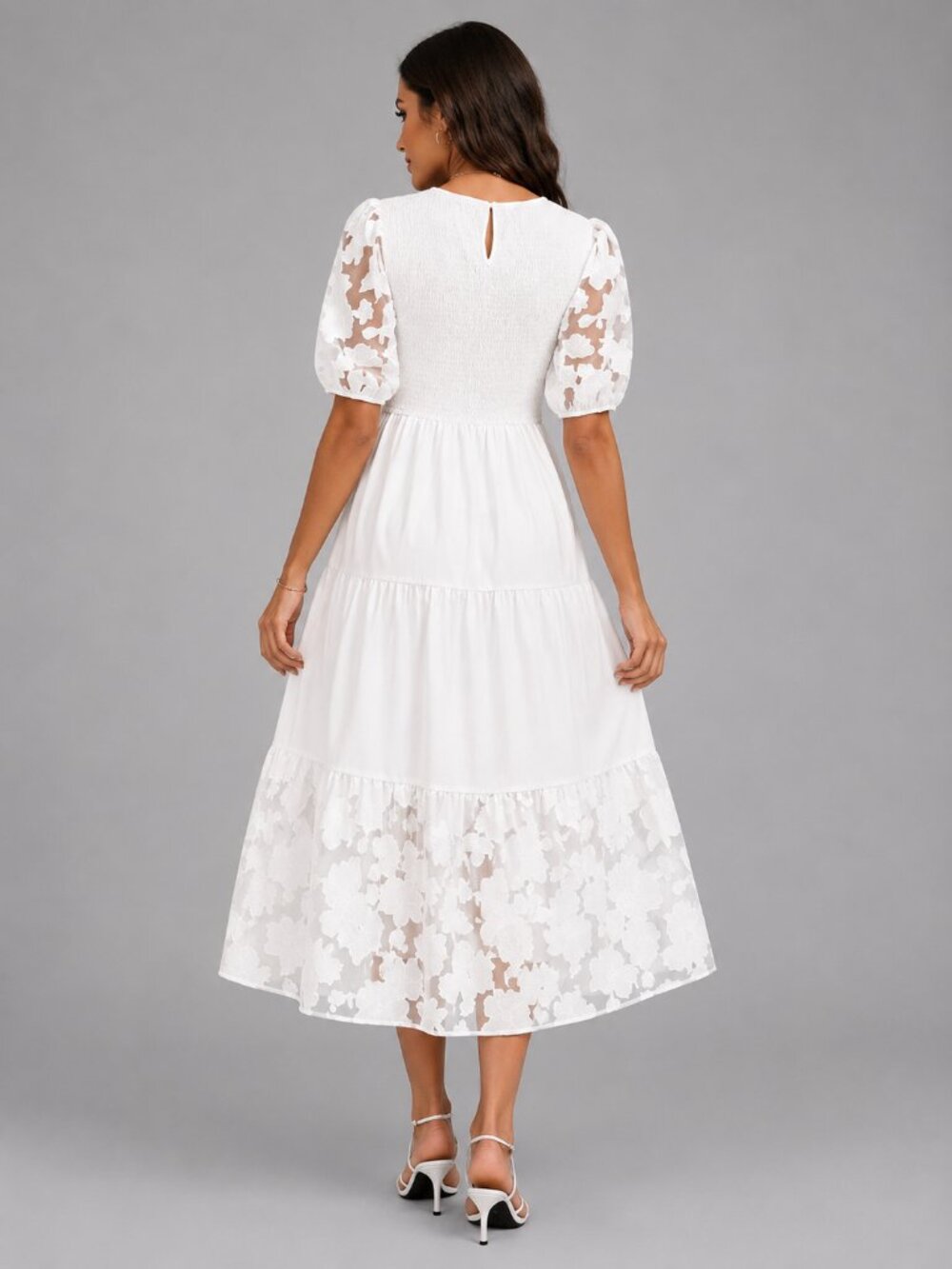 Women's White Floral Lace Tiered Maxi Dress Smocked Puff Sleeve Boho Wedding Dre - Picture 2 of 4